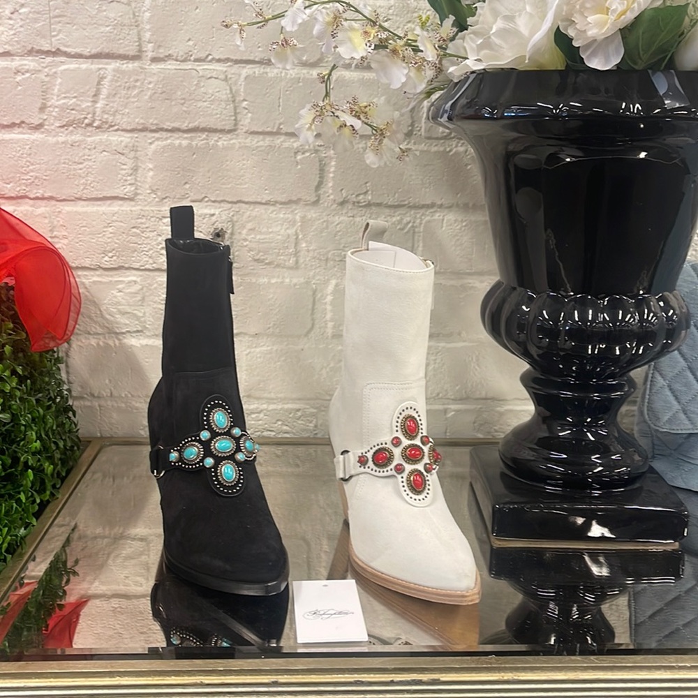 Redemption Women’s Boots, cowgirl black and white suede, turquoise and red stone